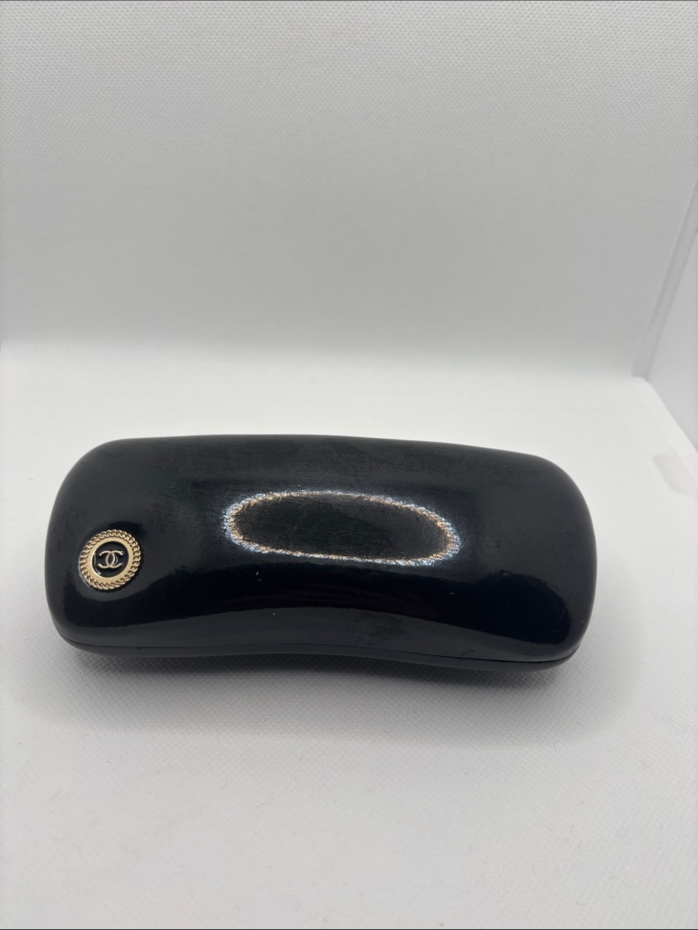 CHANEL Black Patent Eyeglass Case with Gold CC Emblem